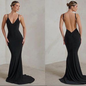 Club L London ENDLESS LOVE BLACK BACKLESS KNOT DETAIL FISHTAIL MAXI DRESS